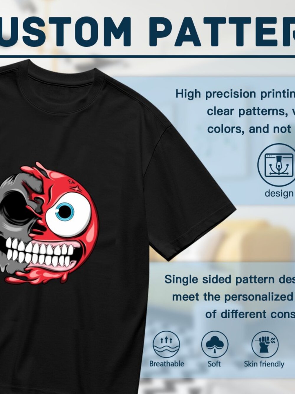Black Short Sleeve Graphic Tee with Red & Gray Skull Emblem - Picture 2 of 5
